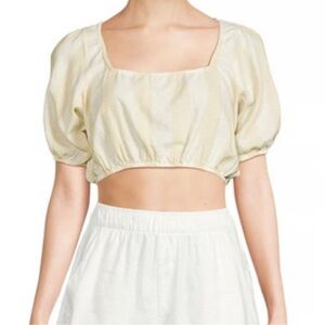 NWT $75 We Wore What Square Neck Crop Top Tan White Wide Stripe Linen